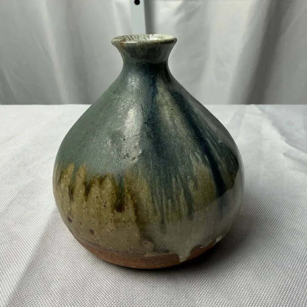 VTG Mingei Style Studio Pottery Stoneware Jug Bud Vase Drip Glaze Blue Green - Picture 5 of 10